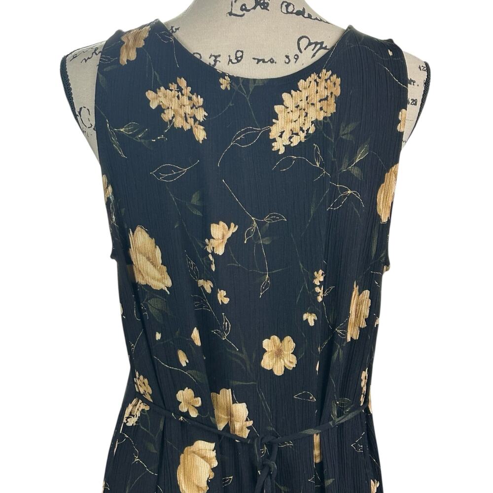 Vintage R&K Originals Dress Size 16 Black Tan Floral Crinkle Crepe Tie Back Maxi - Picture 6 of 10